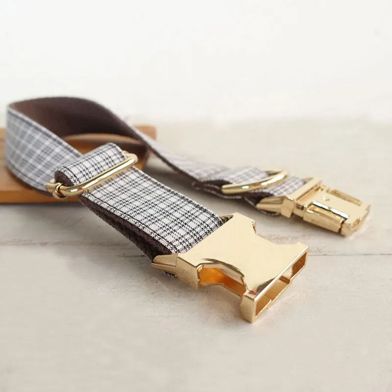 Personalized Dog Collar Set Engraved Gold Buckle White Brown Plaid