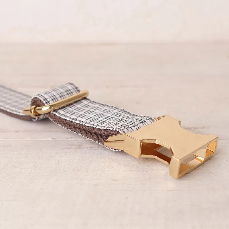 Personalized Dog Collar Set Engraved Gold Buckle White Brown Plaid