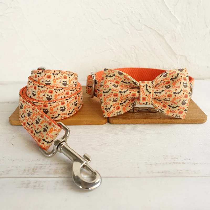 Personalized Dog Collar Set Engraved Metal Buckle Halloween Orange