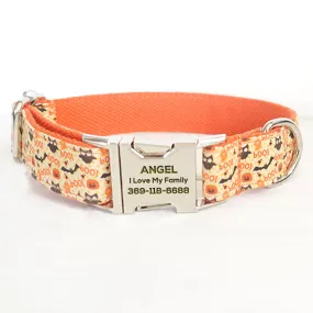Personalized Dog Collar Set Engraved Metal Buckle Halloween Orange