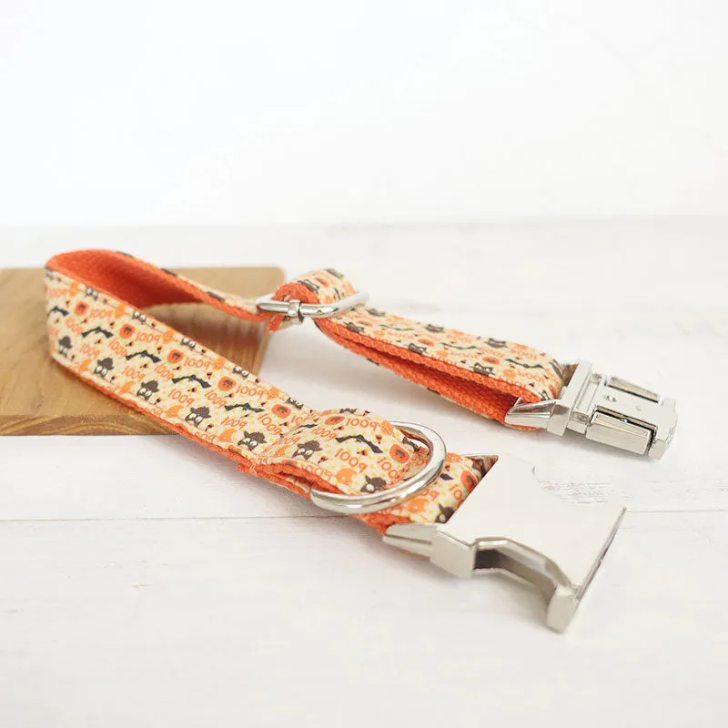 Personalized Dog Collar Set Engraved Metal Buckle Halloween Orange