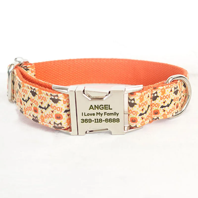 Personalized Dog Collar Set Engraved Metal Buckle Halloween Orange