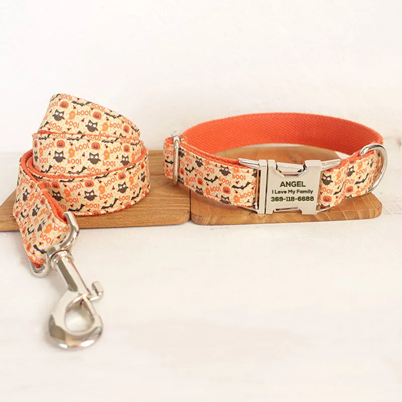 Personalized Dog Collar Set Engraved Metal Buckle Halloween Orange