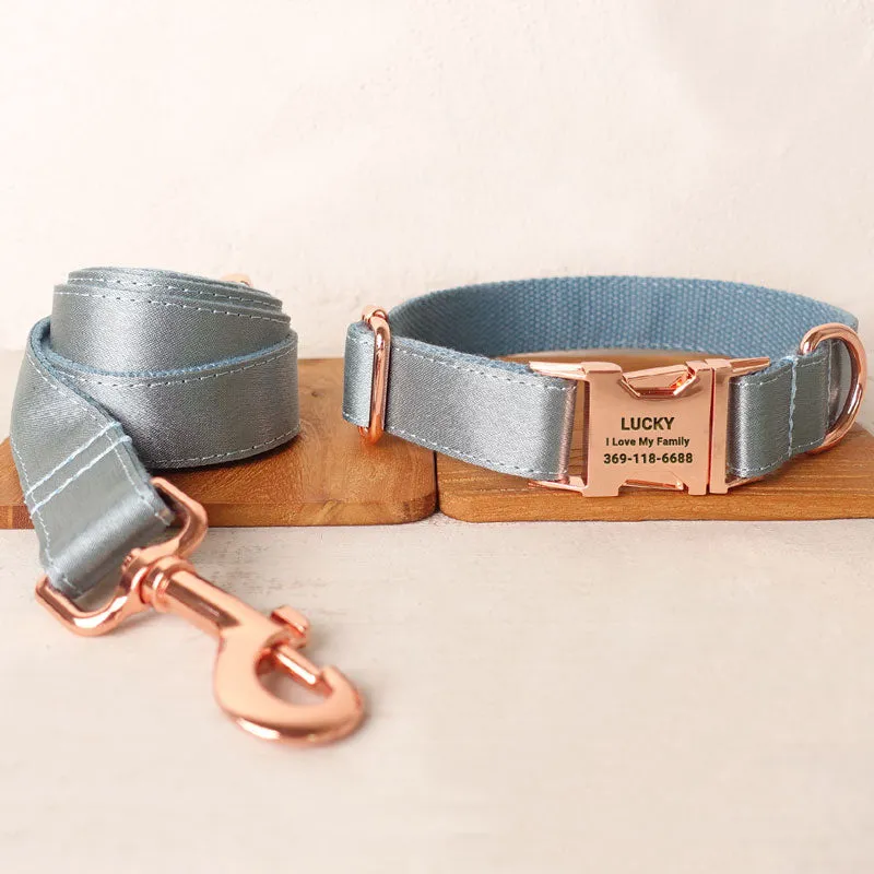 Personalized Dog Collar Set Engraved Rose Gold Buckle Blue Sating