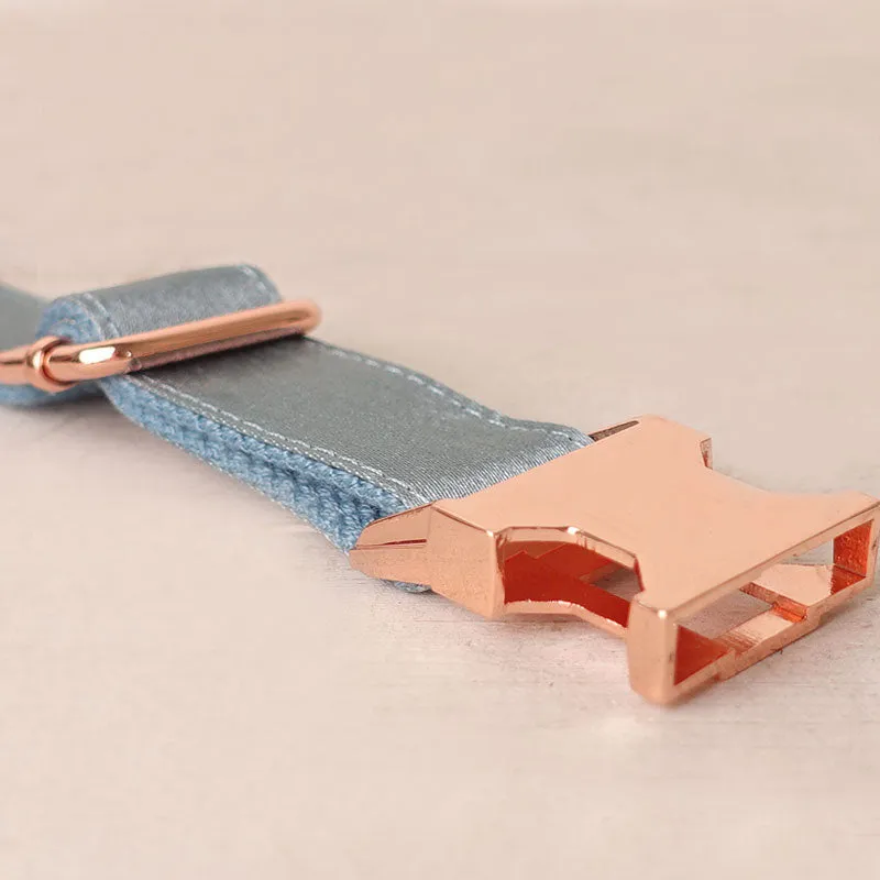 Personalized Dog Collar Set Engraved Rose Gold Buckle Blue Sating