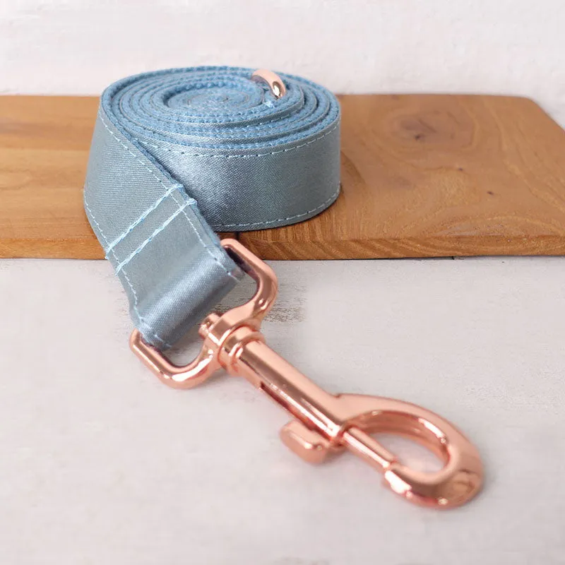 Personalized Dog Collar Set Engraved Rose Gold Buckle Blue Sating