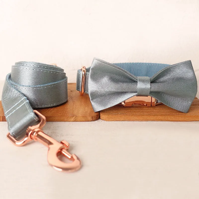 Personalized Dog Collar Set Engraved Rose Gold Buckle Blue Sating