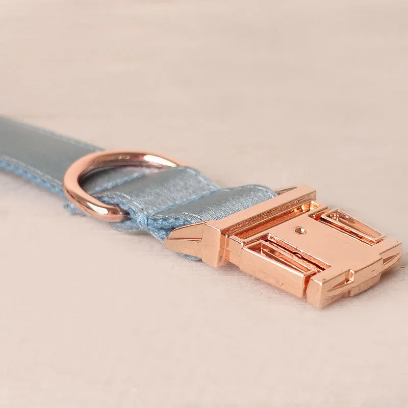 Personalized Dog Collar Set Engraved Rose Gold Buckle Blue Sating