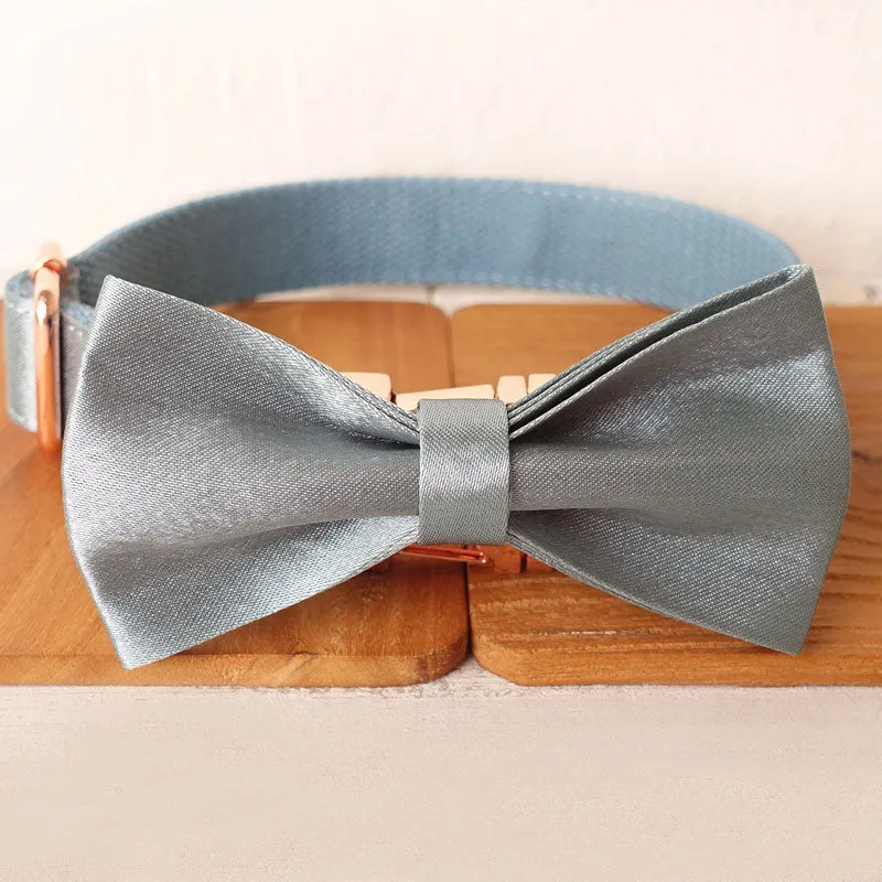 Personalized Dog Collar Set Engraved Rose Gold Buckle Blue Sating