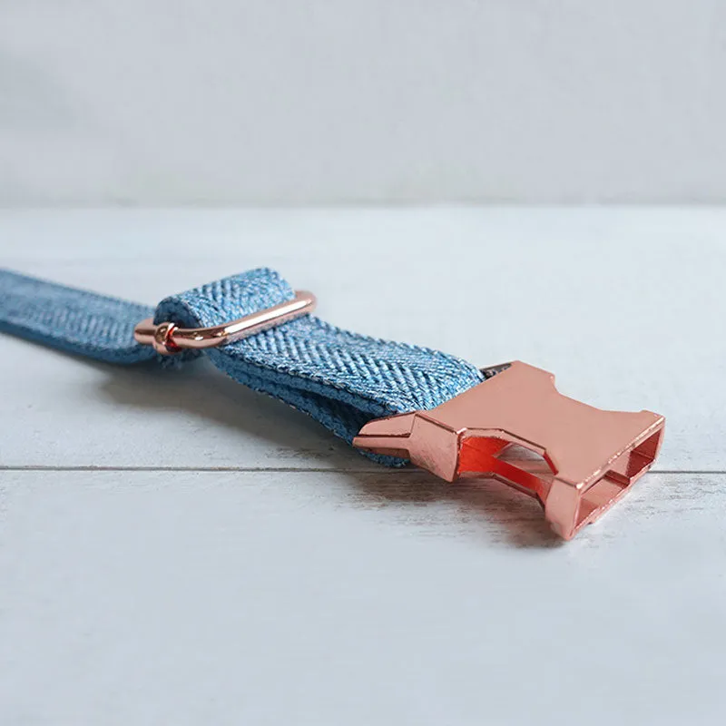 Personalized Dog Collar Set Engraved Rose Gold Buckle Blue Tweed