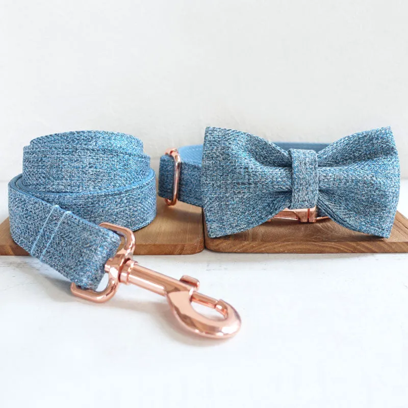 Personalized Dog Collar Set Engraved Rose Gold Buckle Blue Tweed