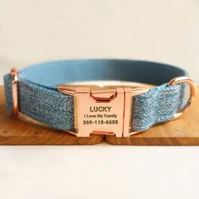 Personalized Dog Collar Set Engraved Rose Gold Buckle Blue Tweed