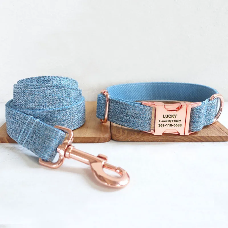 Personalized Dog Collar Set Engraved Rose Gold Buckle Blue Tweed