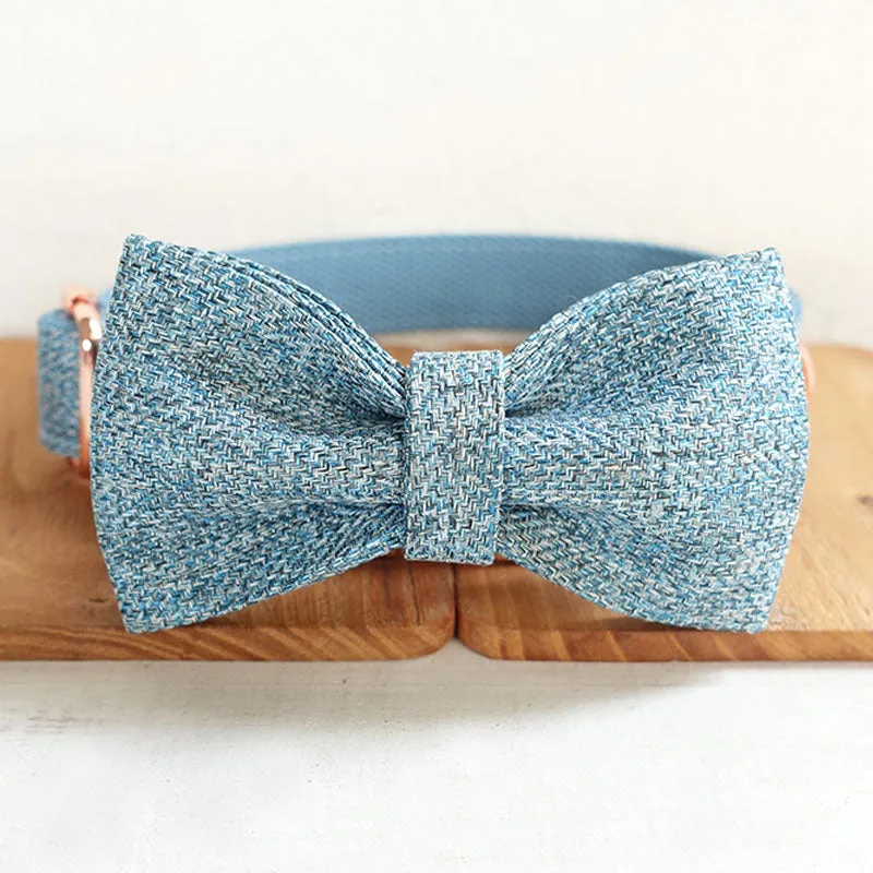 Personalized Dog Collar Set Engraved Rose Gold Buckle Blue Tweed
