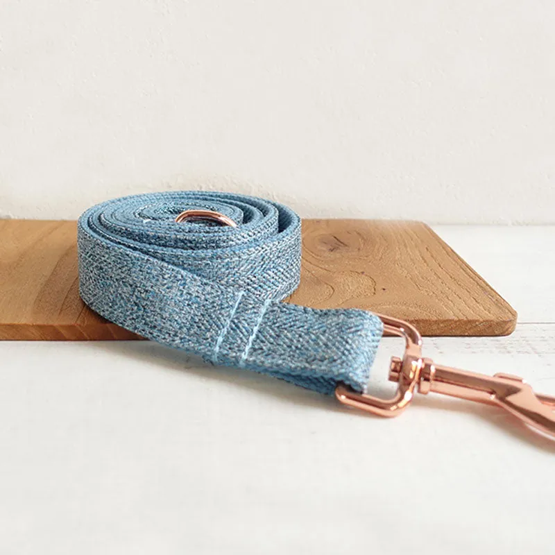 Personalized Dog Collar Set Engraved Rose Gold Buckle Blue Tweed