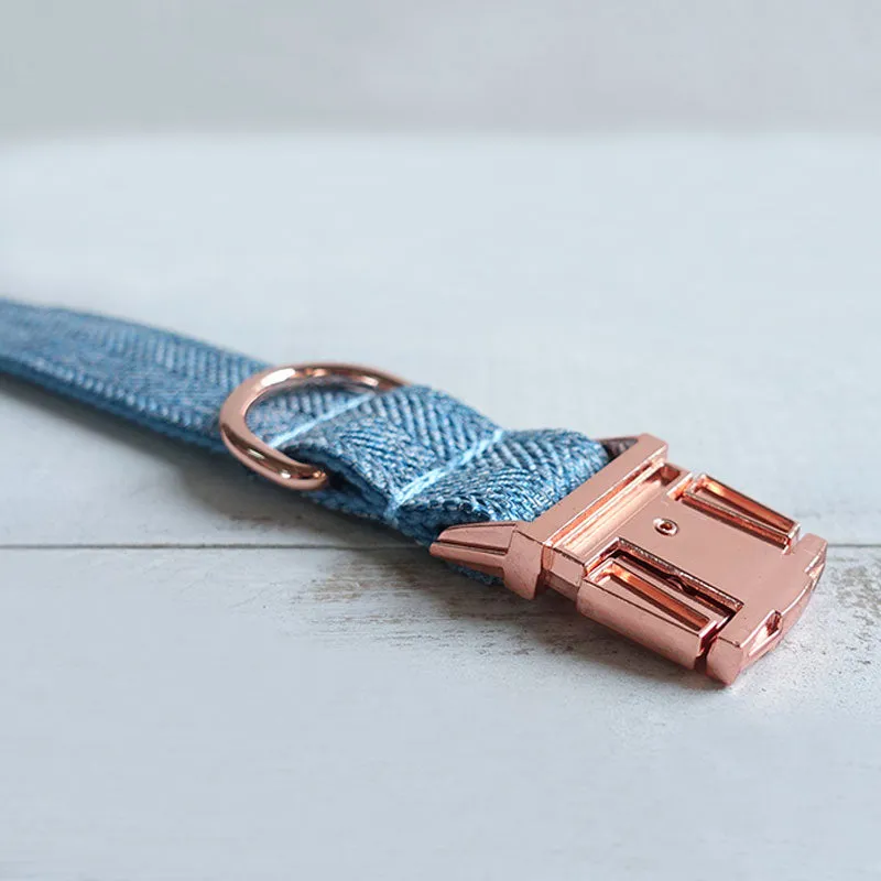 Personalized Dog Collar Set Engraved Rose Gold Buckle Blue Tweed