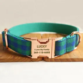 Personalized Dog Collar Set Engraved Rose Gold Buckle Green Plaid