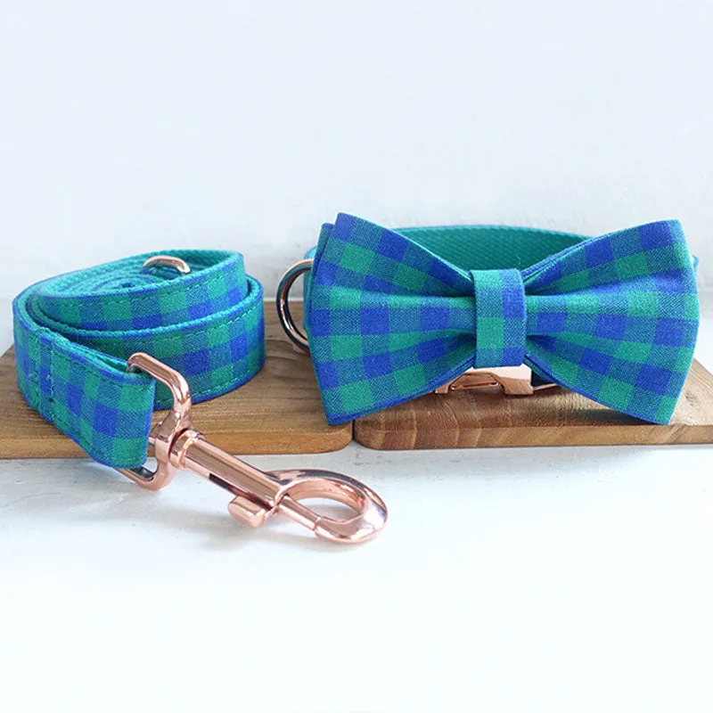 Personalized Dog Collar Set Engraved Rose Gold Buckle Green Plaid