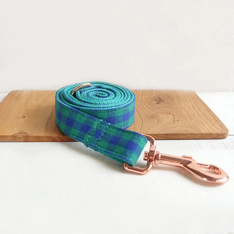 Personalized Dog Collar Set Engraved Rose Gold Buckle Green Plaid