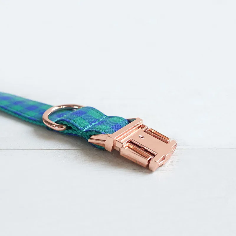 Personalized Dog Collar Set Engraved Rose Gold Buckle Green Plaid