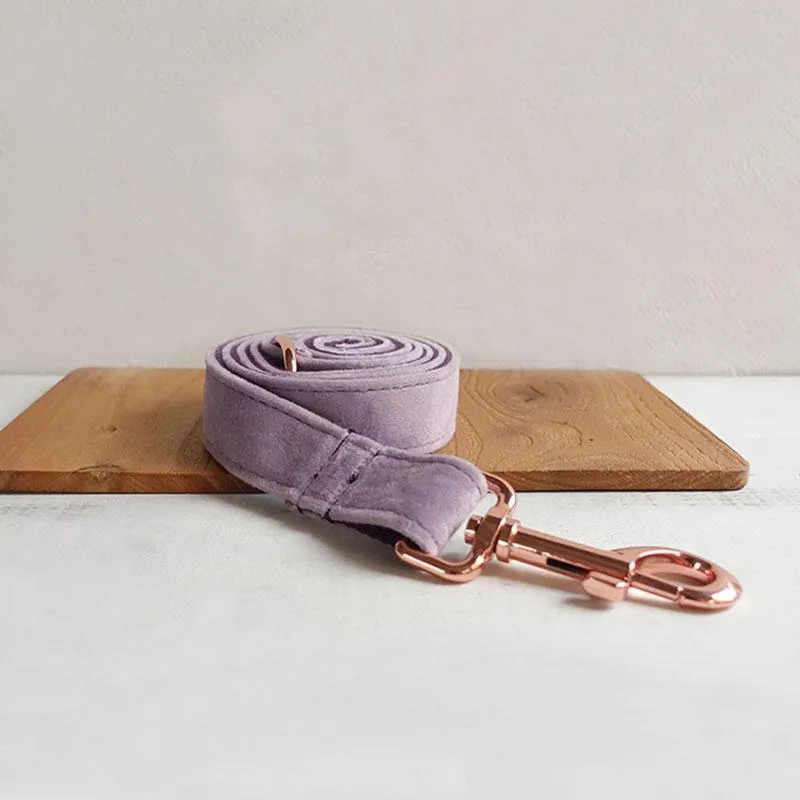 Personalized Dog Collar Set Engraved Rose Gold Buckle Light  Purple Velvet