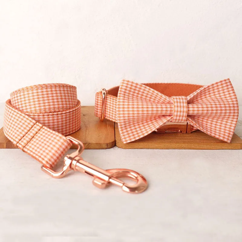 Personalized Dog Collar Set Engraved Rose Gold Buckle Orange Plaid
