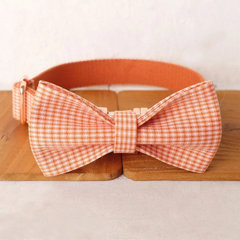 Personalized Dog Collar Set Engraved Rose Gold Buckle Orange Plaid