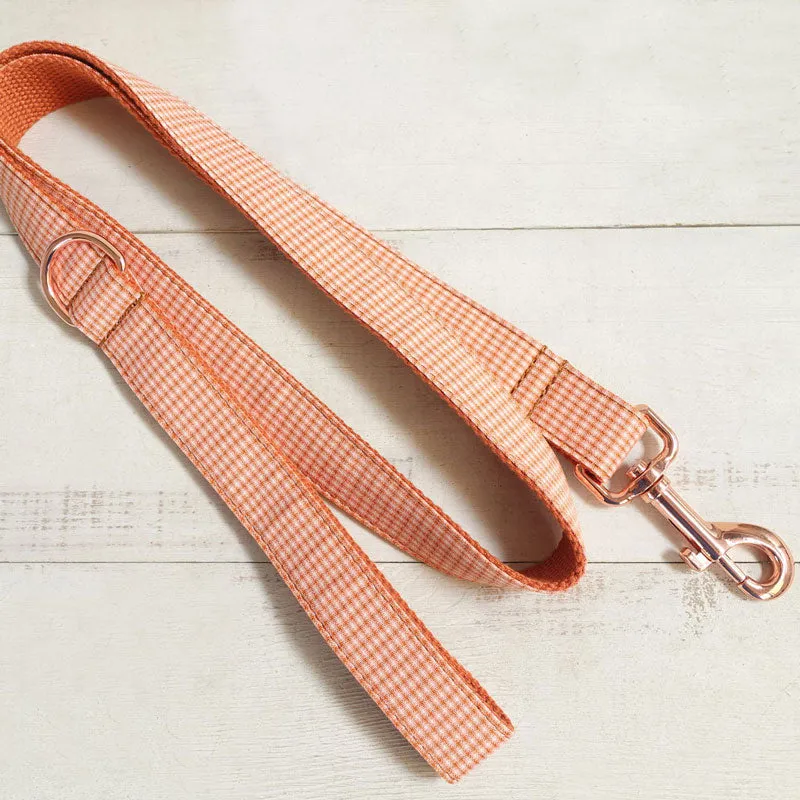 Personalized Dog Collar Set Engraved Rose Gold Buckle Orange Plaid