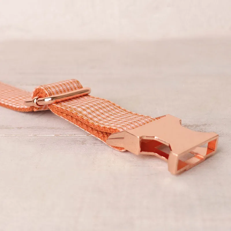 Personalized Dog Collar Set Engraved Rose Gold Buckle Orange Plaid