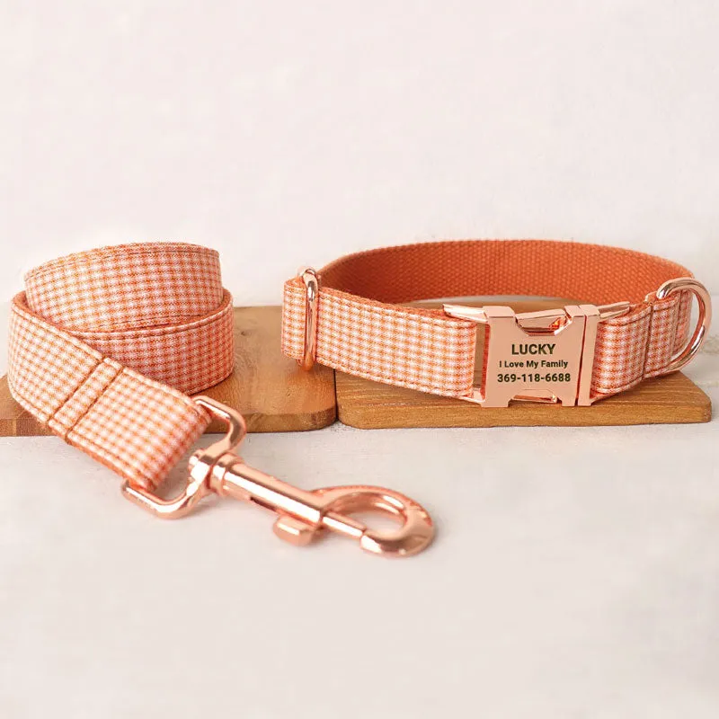 Personalized Dog Collar Set Engraved Rose Gold Buckle Orange Plaid