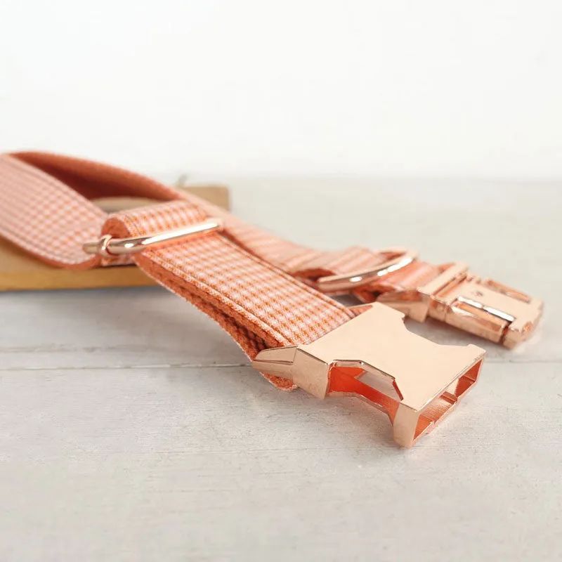 Personalized Dog Collar Set Engraved Rose Gold Buckle Orange Plaid