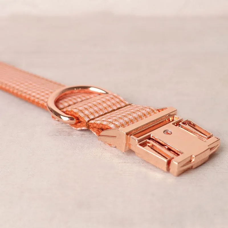 Personalized Dog Collar Set Engraved Rose Gold Buckle Orange Plaid