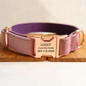 Personalized Dog Collar Set Engraved Rose Gold Buckle Pink Purple Velvet