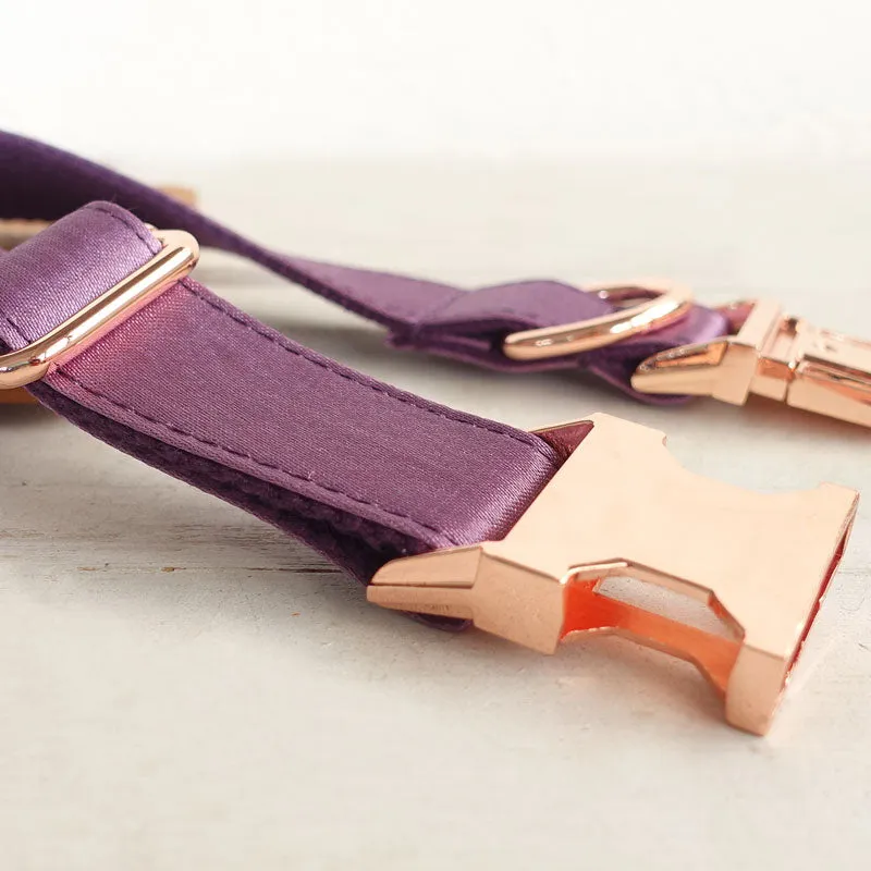 Personalized Dog Collar Set Engraved Rose Gold Buckle Purple Sating