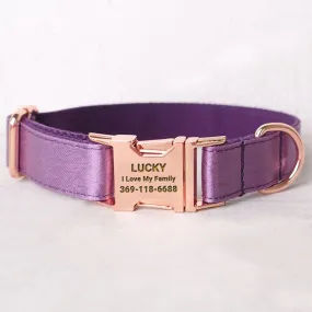 Personalized Dog Collar Set Engraved Rose Gold Buckle Purple Sating
