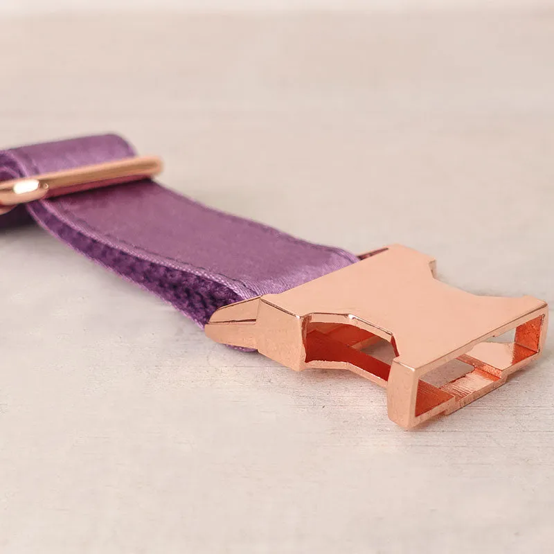 Personalized Dog Collar Set Engraved Rose Gold Buckle Purple Sating
