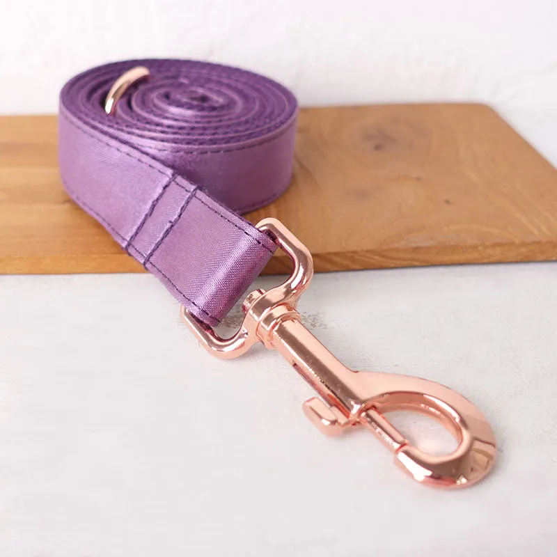 Personalized Dog Collar Set Engraved Rose Gold Buckle Purple Sating