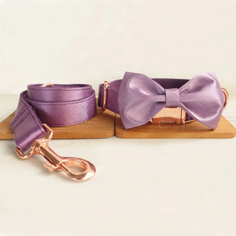 Personalized Dog Collar Set Engraved Rose Gold Buckle Purple Sating
