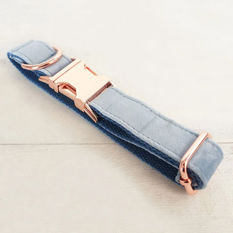 Personalized Dog Collar Set Engraved Rose Gold Buckle Queen Blue Velvet