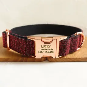 Personalized Dog Collar Set Engraved Rose Gold Buckle Red Tweed