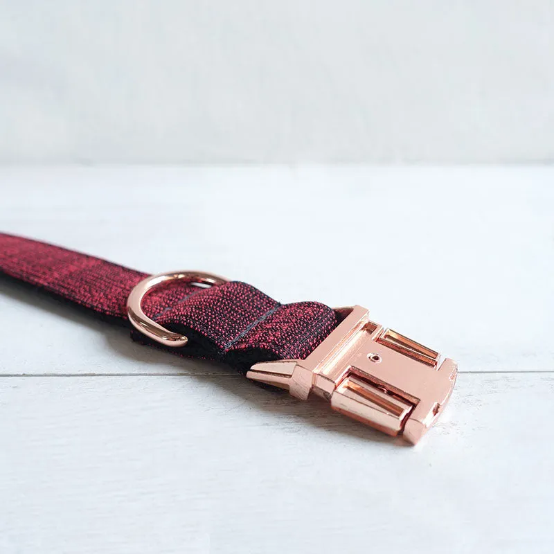 Personalized Dog Collar Set Engraved Rose Gold Buckle Red Tweed