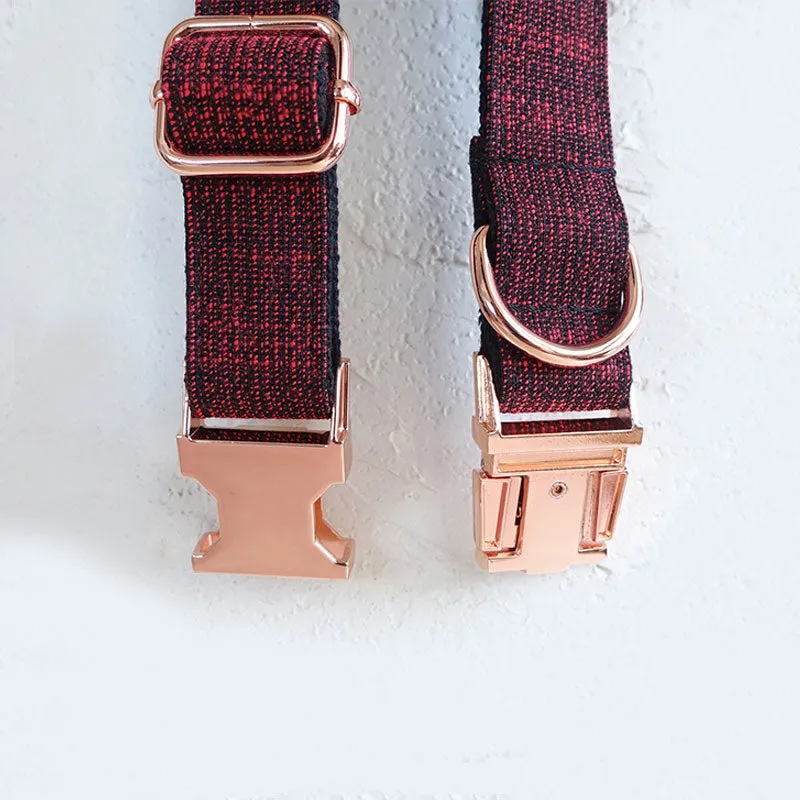 Personalized Dog Collar Set Engraved Rose Gold Buckle Red Tweed