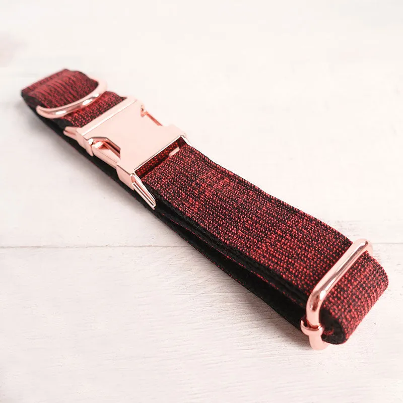 Personalized Dog Collar Set Engraved Rose Gold Buckle Red Tweed