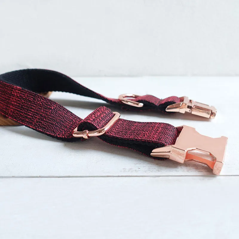 Personalized Dog Collar Set Engraved Rose Gold Buckle Red Tweed