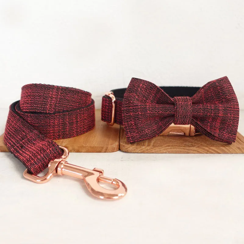 Personalized Dog Collar Set Engraved Rose Gold Buckle Red Tweed