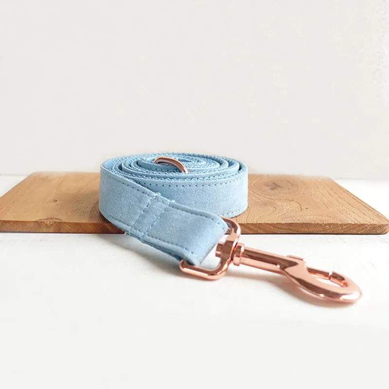 Personalized Dog Collar Set Engraved Rose Gold Buckle Sky Blue Velvet