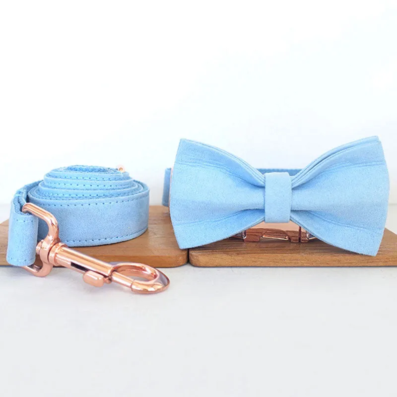 Personalized Dog Collar Set Engraved Rose Gold Buckle Sky Blue Velvet