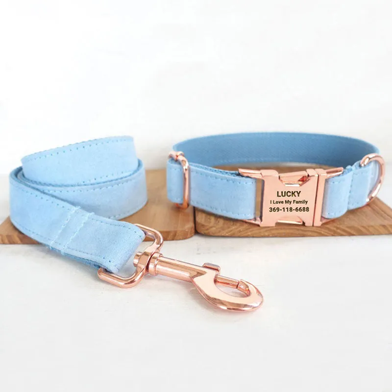 Personalized Dog Collar Set Engraved Rose Gold Buckle Sky Blue Velvet