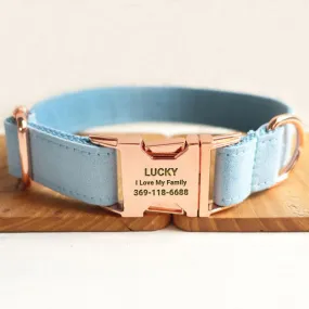 Personalized Dog Collar Set Engraved Rose Gold Buckle Sky Blue Velvet