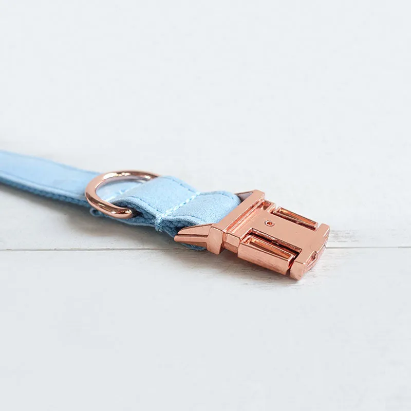 Personalized Dog Collar Set Engraved Rose Gold Buckle Sky Blue Velvet